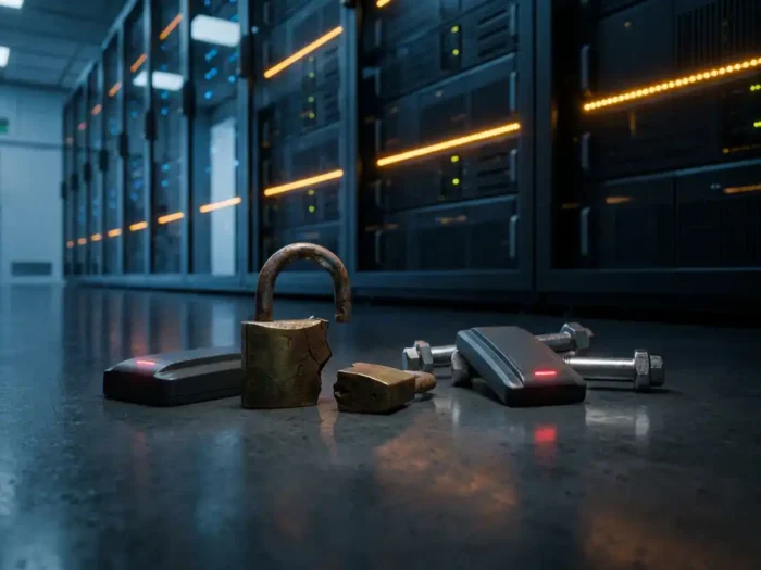 Opengebroken antiek hangslot op serverruimtevloer naast versterkte staalbouten en een keycard-lezer, symboliseert verouderde beveiliging.