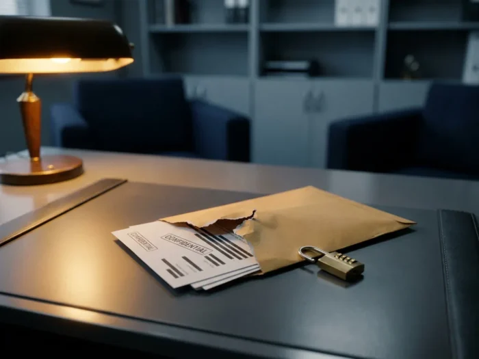 Opengescheurde manila envelop op zakelijk bureau met gedeeltelijk zichtbare vertrouwelijke documenten en openstaand cijferslot in warm amberkleurig licht.