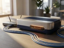 Next-generation firewall appliance op kantoorbureau met ethernetkabels, router en gloeiende indicatorlampjes in marineblauw en zilver.
