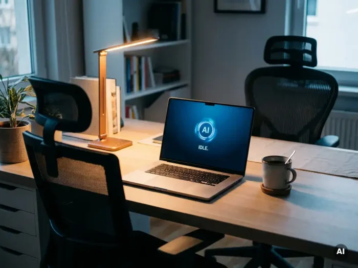 Verlaten bureau met open laptop waarop een AI-assistent actief is, dampende koffiemok en lege ergonomische stoel in blauw-grijs kantoorlicht.