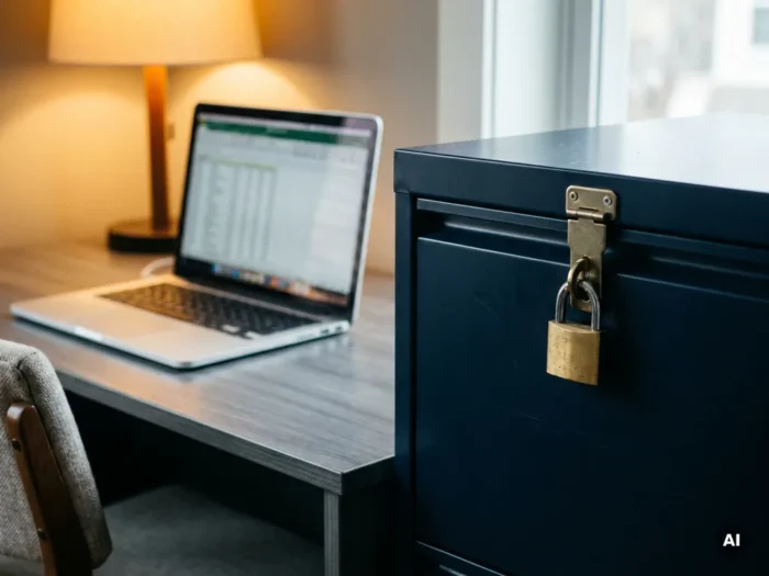 Vergrendelde stalen archiefkast met hangslot naast een laptop met spreadsheet op modern kantoorbureau.