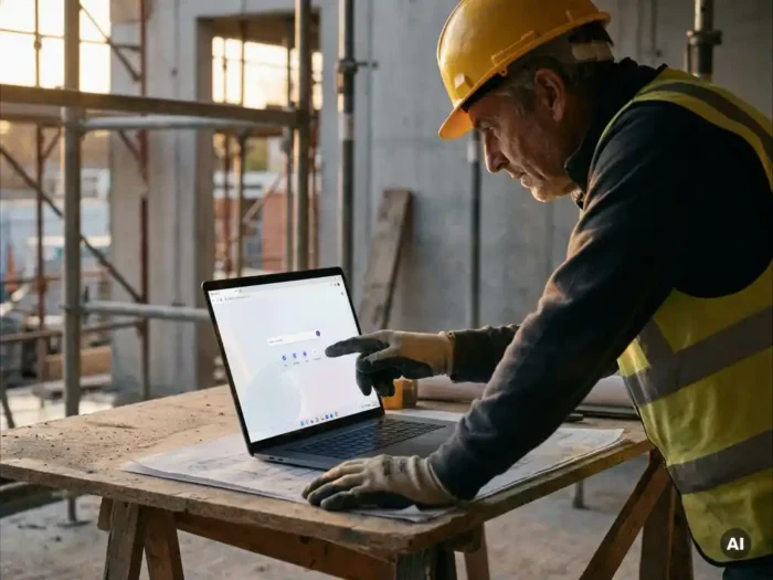 Bouwvakker met helm bekijkt bouwplannen op laptop op bouwplaats, betonnen muren en steigers op achtergrond, gouden-uurlicht.