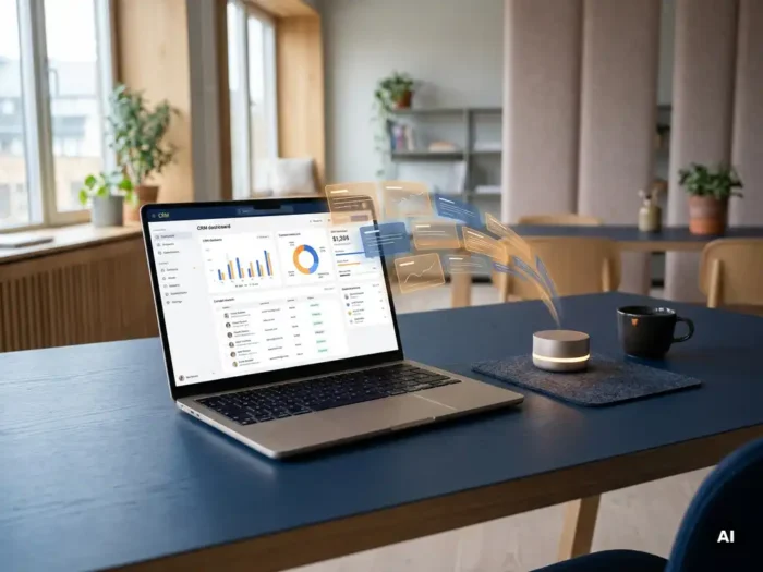 Laptop met CRM-dashboard op modern bureau, met gloeiende datakaarten die naar een AI-assistent interface stromen.