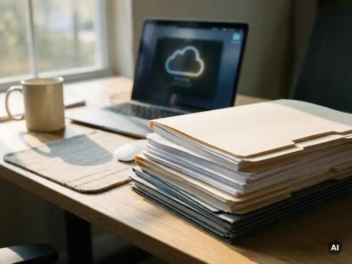 Stapel manila mappen en uitgeprinte documenten op kantoorbureau, laptop met cloud-interface op achtergrond, warm middaglicht.