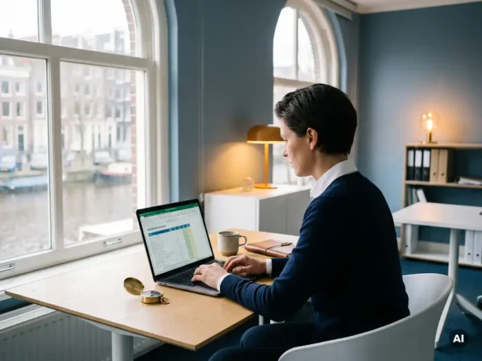 Professional die een gereedheidscheck uitvoert op laptop in modern Nederlands kantoor, kompas naast toetsenbord, natuurlijk raamlicht.