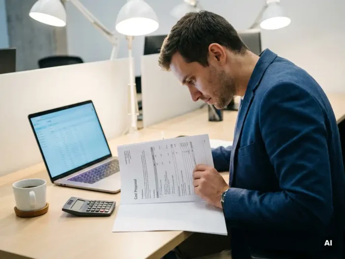 ICT-consultant bestudeert gedetailleerd kostenvoorstel aan modern bureau met laptop, rekenmachine en koffiekopje.