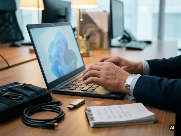 Handen van een professional boven een laptoptoetsenbord met een AI-interface op het scherm, naast ICT-tools op een modern bureau.