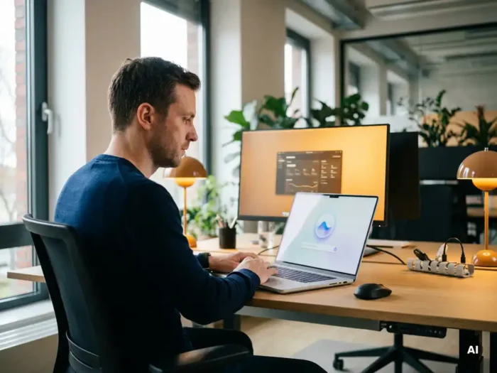 IT-professional bekijkt AI-assistent op laptop in modern kantoor met marineblauw en zilver kleurenschema.