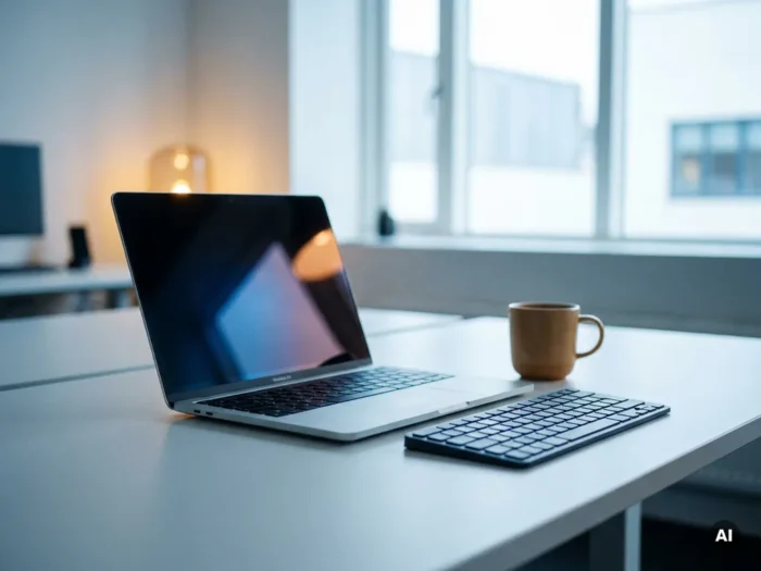Laptop op modern kantoorbureau met draadloos toetsenbord en koffiekop, professionele werkplek in stalen blauwtinten met warm licht.