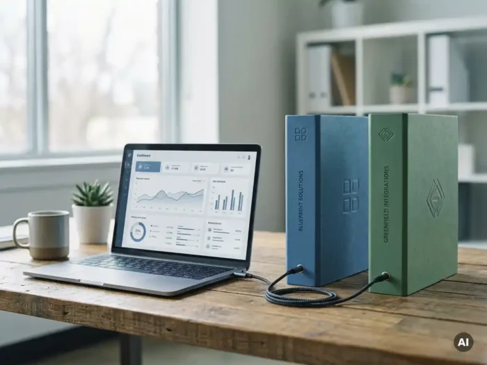 Laptop met dashboard-interface op kantoorbureau, verbonden via kabel met twee gekleurde mappen die systeemintegratie symboliseren.