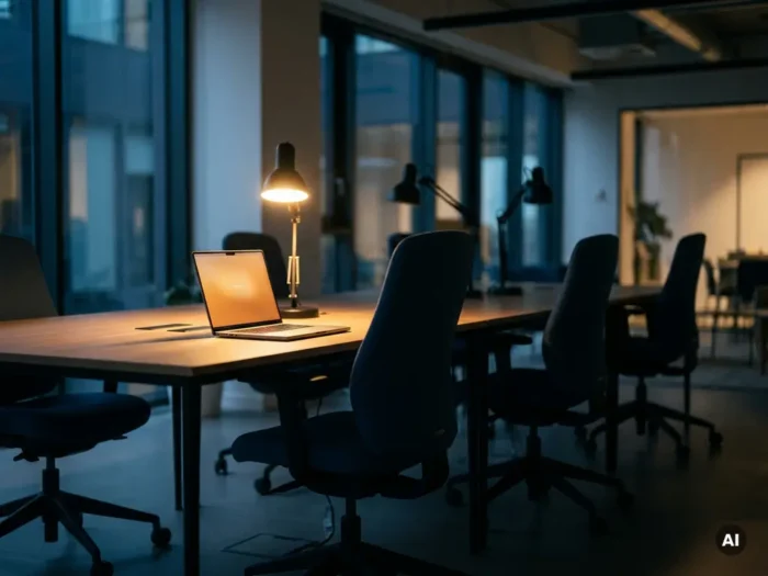 Verlichte laptop op een modern bureau temidden van lege, donkere werkplekken in een kantoor met navy en amber tinten.