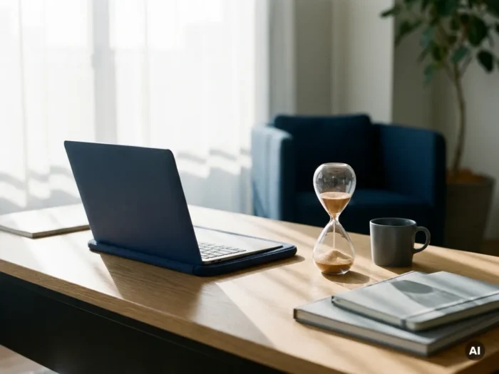 Laptop op modern bureau naast zandloper met stromend zand, zacht ochtendlicht werpt lange schaduwen in rustige werkruimte.