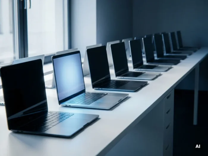 Rij moderne laptops op wit bureau, voorste laptop verlicht met zacht blauw scherm, kantoorverlichting van opzij.