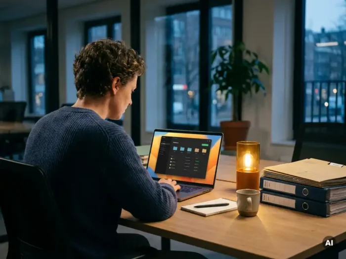 Professional die een laptop-dashboard voor mappenmachtigingen bekijkt in een modern Nederlands kantoor, omringd door geordende mappen.