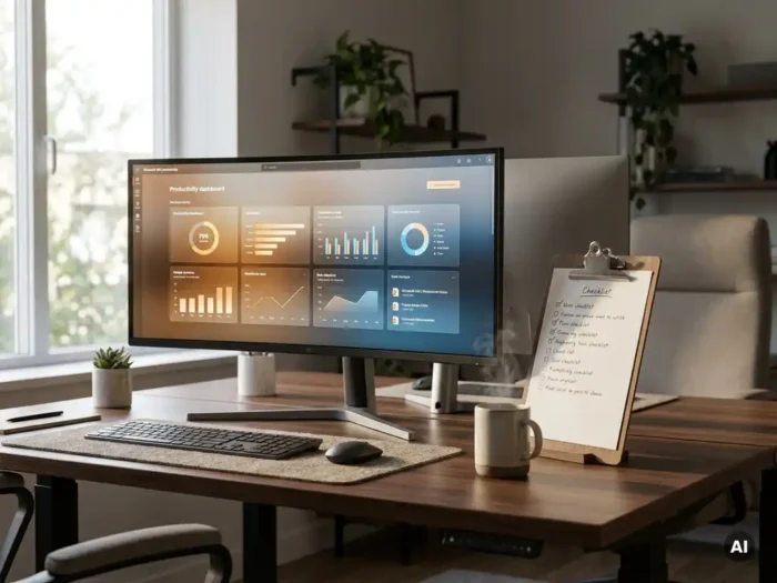 Microsoft 365-dashboard op ultrabreed monitor naast klembord met checklist en dampende koffie in modern kantoor.