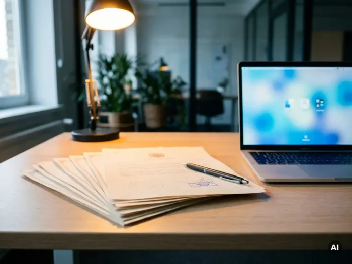 Uitgespreide softwarelicentiedocumenten op een modern bureau naast een laptop met Microsoft 365-interface, pen op de papieren.