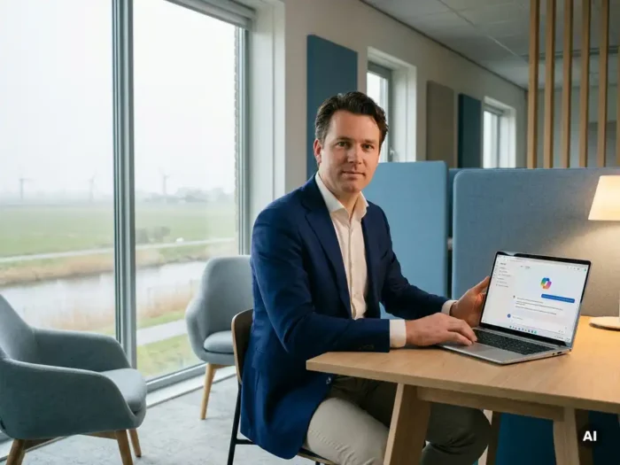 Zakelijke professional aan modern bureau in regionaal kantoor met Microsoft Copilot op laptop, polderlandschap van Goeree-Overflakkee op achtergrond.