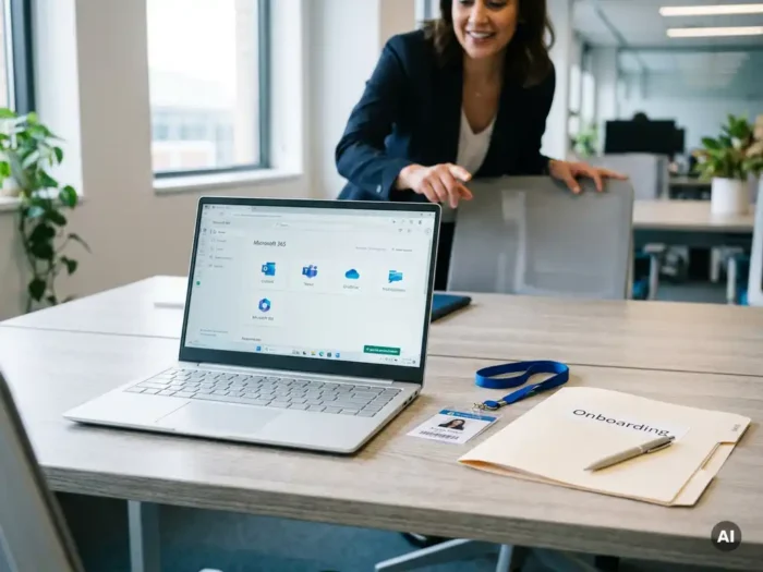 Nieuwe medewerker opent Microsoft 365 op laptop aan modern bureau, met toegangspas en onboardingmap, terwijl collega helpt.