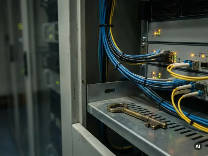 Messing sleutel in half-open serverrack met geordende kabelsbundels en knipperende indicatielampjes, symboliseert beveiligde toegang tot IT-infrastructuur.