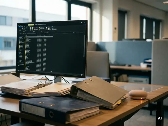 Rommelige SharePoint-mappenstructuur op monitor, omringd door ongeordende papieren mappen en een AI-assistent op een modern bureau.