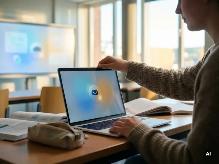 Student opent laptop met AI-assistent interface aan klaslokaalbureau, met tekstboeken en digitaal whiteboard op de achtergrond.