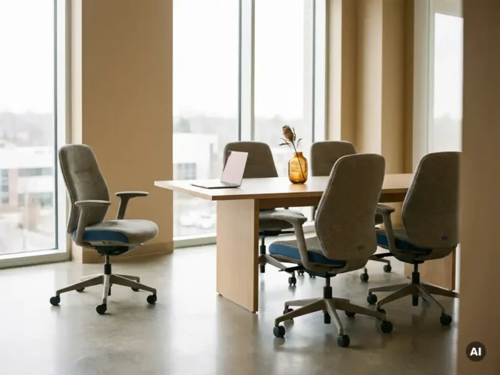 Moderne vergadertafel met vijf stoelen, één licht apart geplaatst, en een open laptop, in een lichte kantoorruimte met grote ramen.