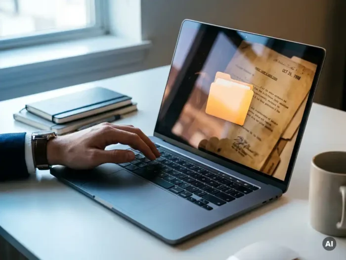 Hand boven laptoptoetsenbord met verouderd document op scherm, omringd door georganiseerde bestanden op wit bureau.