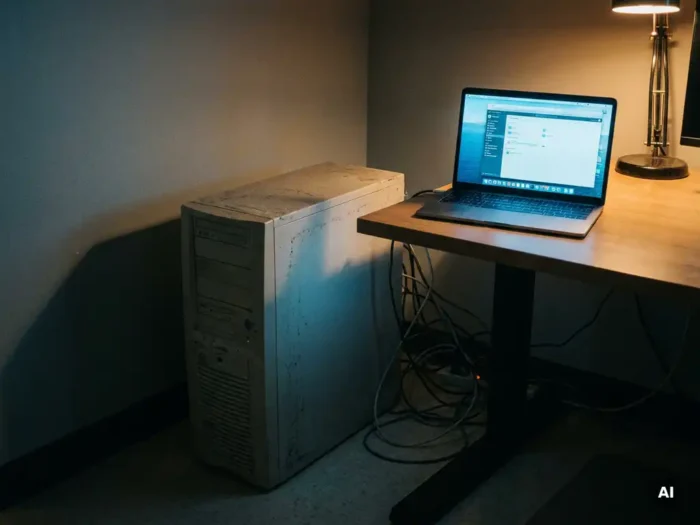 Stoffige towerserver in donkere kantoorhoek met kabels, naast een moderne laptop die blauw licht uitstraalt op verouderde hardware.
