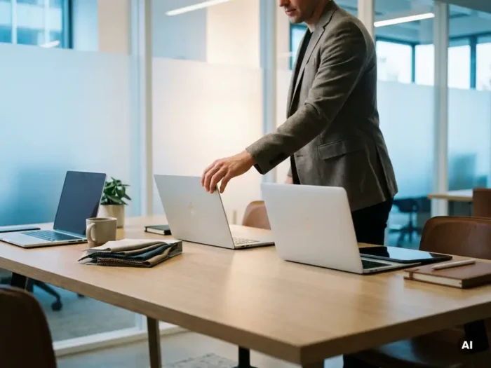 Zakelijke professional kiest één laptop uit drie identieke werkstations op een modern bureau in natuurlijk kantoorlicht.