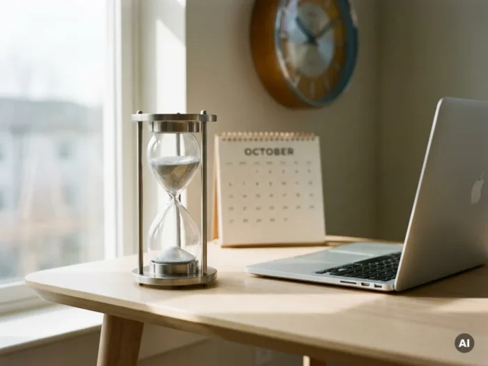 Zandloper met zilver zand naast open laptop op modern bureau, klok en kalender op de achtergrond, natuurlijk raamlicht.