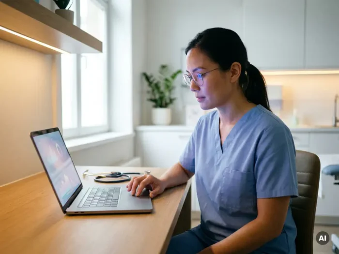 Zorgprofessional in scrubs bekijkt patiëntgegevens op laptop in klinische werkruimte, stethoscoop naast toetsenbord.